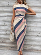 Elegant Waist Strap Striped Round Neck Short Sleeve And Long Pattern Dress Grayceful LLC