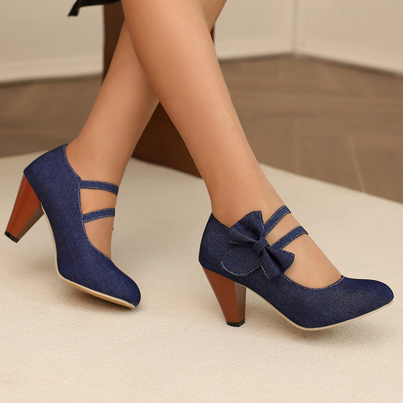Round Toe High Heels Denim Bow See size chart under “more details” The Fashion Celestial