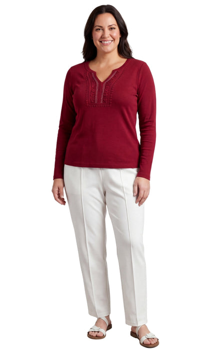 Women's Open Crochet And Jewel Trim V-Neck Knit Top in Cotton Rib Knit