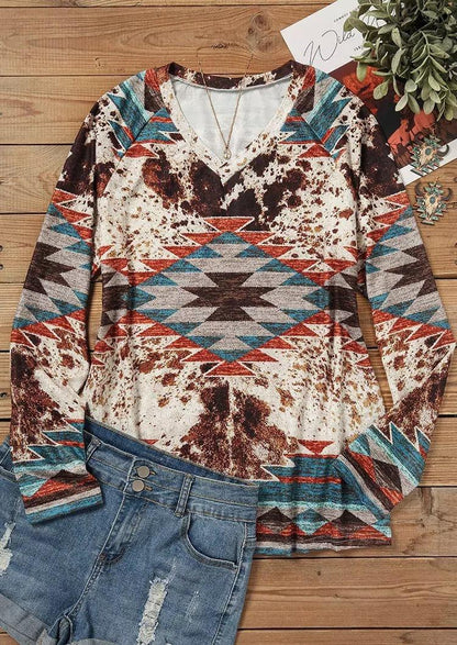 Tribal Roots V Neck Pullover | Boho Chic Long Sleeve T-Shirt Country in My Heart