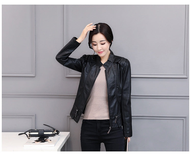 Korean-Style Slim Fit Motorcycle Leather Coat — Stand-Up Collar FitiqueFit