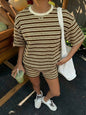 Women's Crew-Neck Spliced Short-Sleeve T-Shirt & Shorts Set FitiqueFit