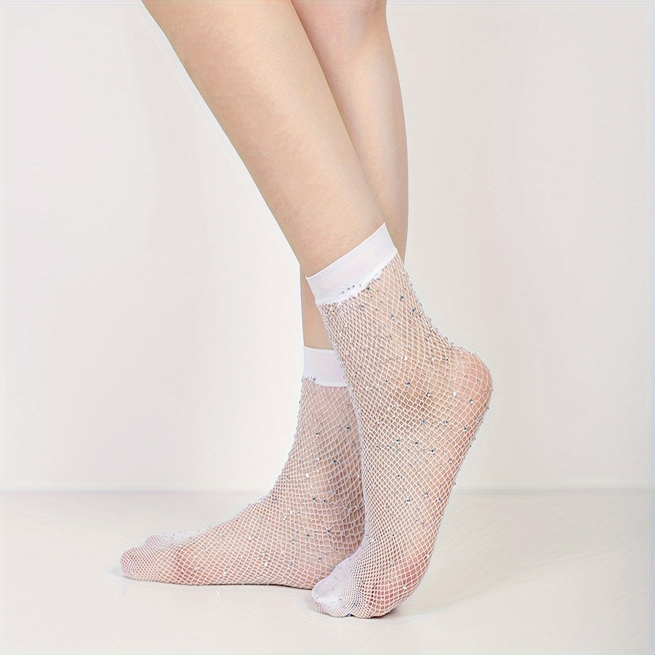 A Pair of Mid-calf Socks with Small Mesh and Rhinestone Decoration NovaCart