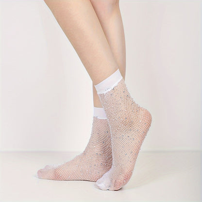 A Pair of Mid-calf Socks with Small Mesh and Rhinestone Decoration NovaCart