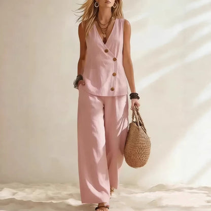 Women's Button-Up Cardigan Vest & Pants Set – Sleeveless Two-Piece FitiqueFit