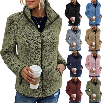 Fall Winter Warm Sweatshirt Stand Collar Solid Color Top Sweater Women's Casual Fashion Long Sleeve Zipper Bubble Velvet Coat Tops Grayceful LLC