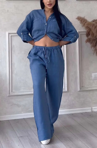 Wide-Leg Pants & Lace-Up Top Two-Piece Set – Solid Color, 12 Colors S–5XL FitiqueFit