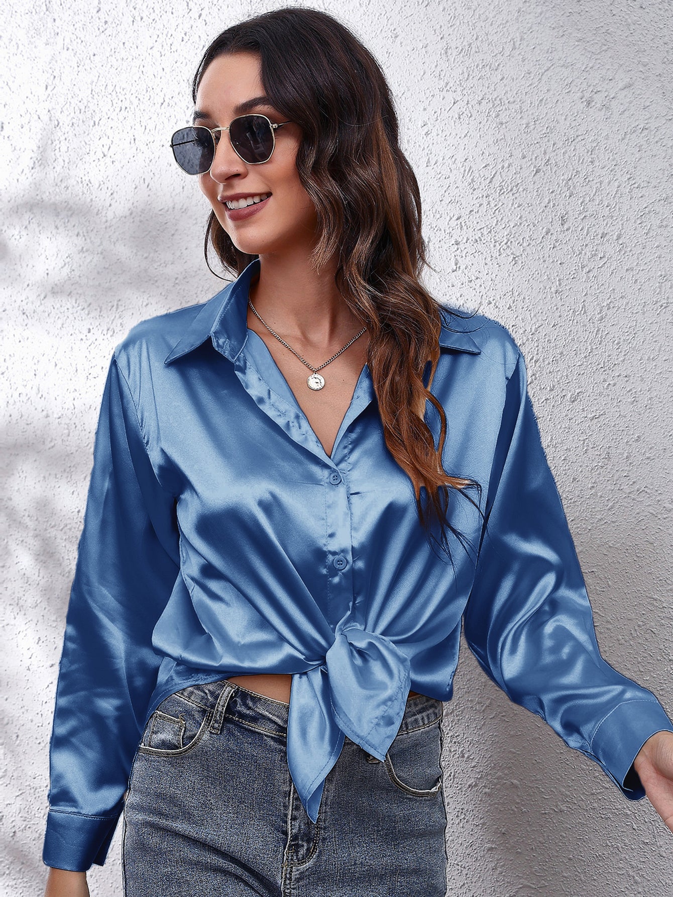 Hot Style In-Kind Shooting Satin Shirt Women'S Satin Imitation Long-Sleeved Shirt New European And American Cross-Border Women'S Clothing NovaCart
