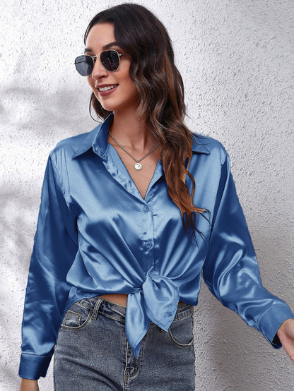 Hot Style In-Kind Shooting Satin Shirt Women'S Satin Imitation Long-Sleeved Shirt New European And American Cross-Border Women'S Clothing NovaCart