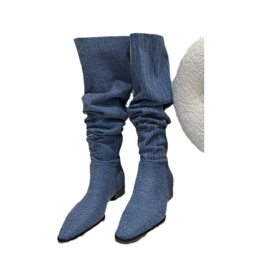 Women’s Denim Knee High Boots - Casual Cowboy Style Country in My Heart