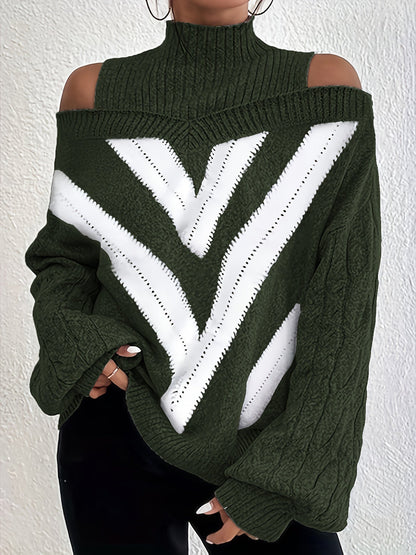 Elegant Plus Size Off Shoulder Striped Cable Knit Sweater