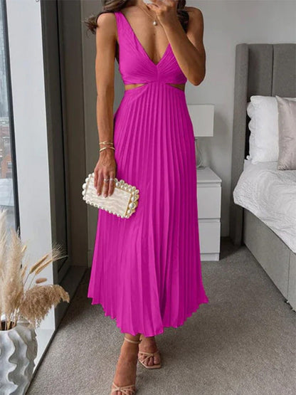 Ins Suspender Pleated Long Dress With Hollow-waisted Design Fashion V-neck Backless Dresses Summer Women's Clothing Grayceful LLC