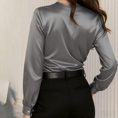 Women's Elegant Cross V-Neck Blouse, Ruffle Detail Button Accent Office Shirt FitiqueFit