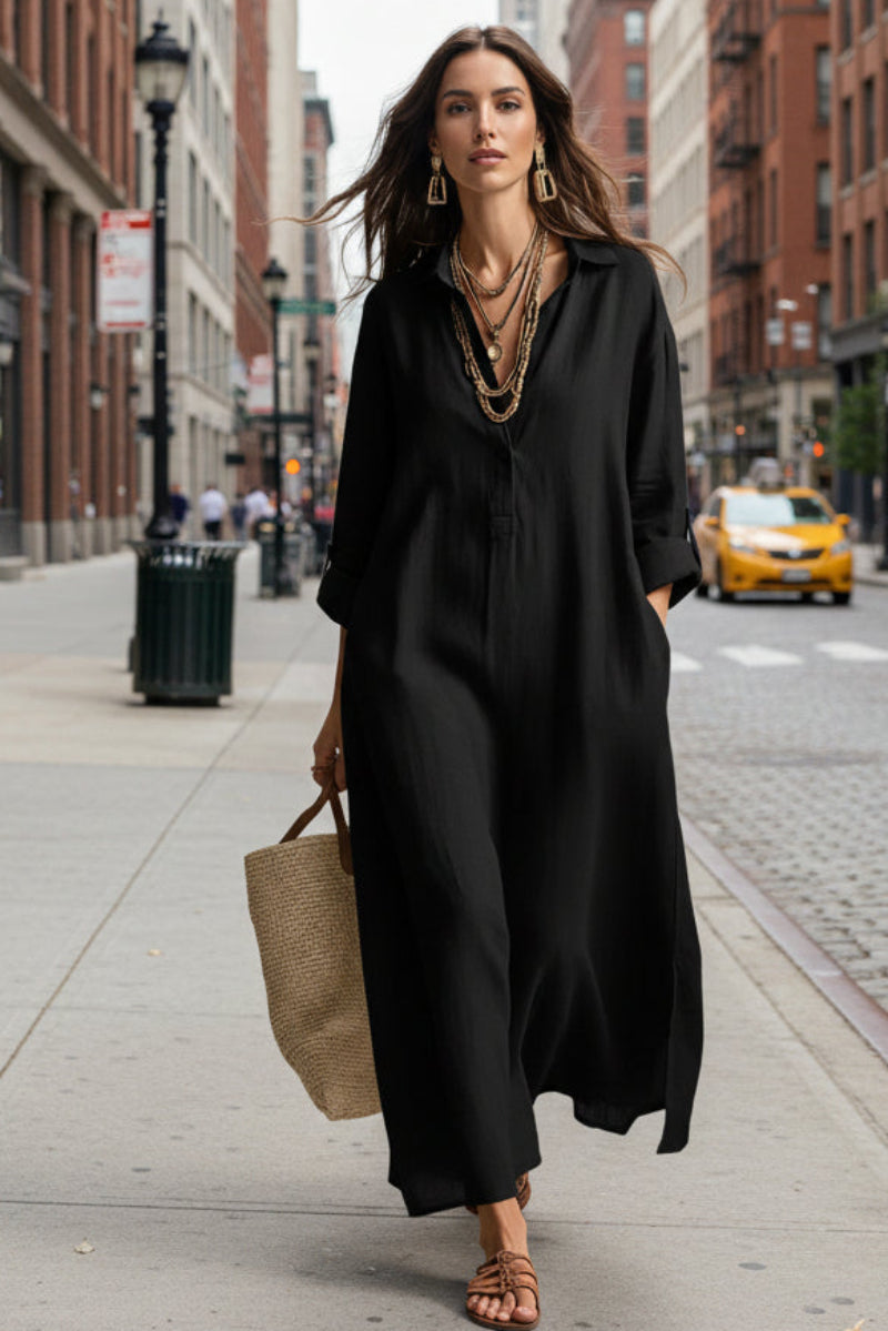 Women's Casual Long-Sleeve Linen Shirt Dress – Relaxed Fit FitiqueFit