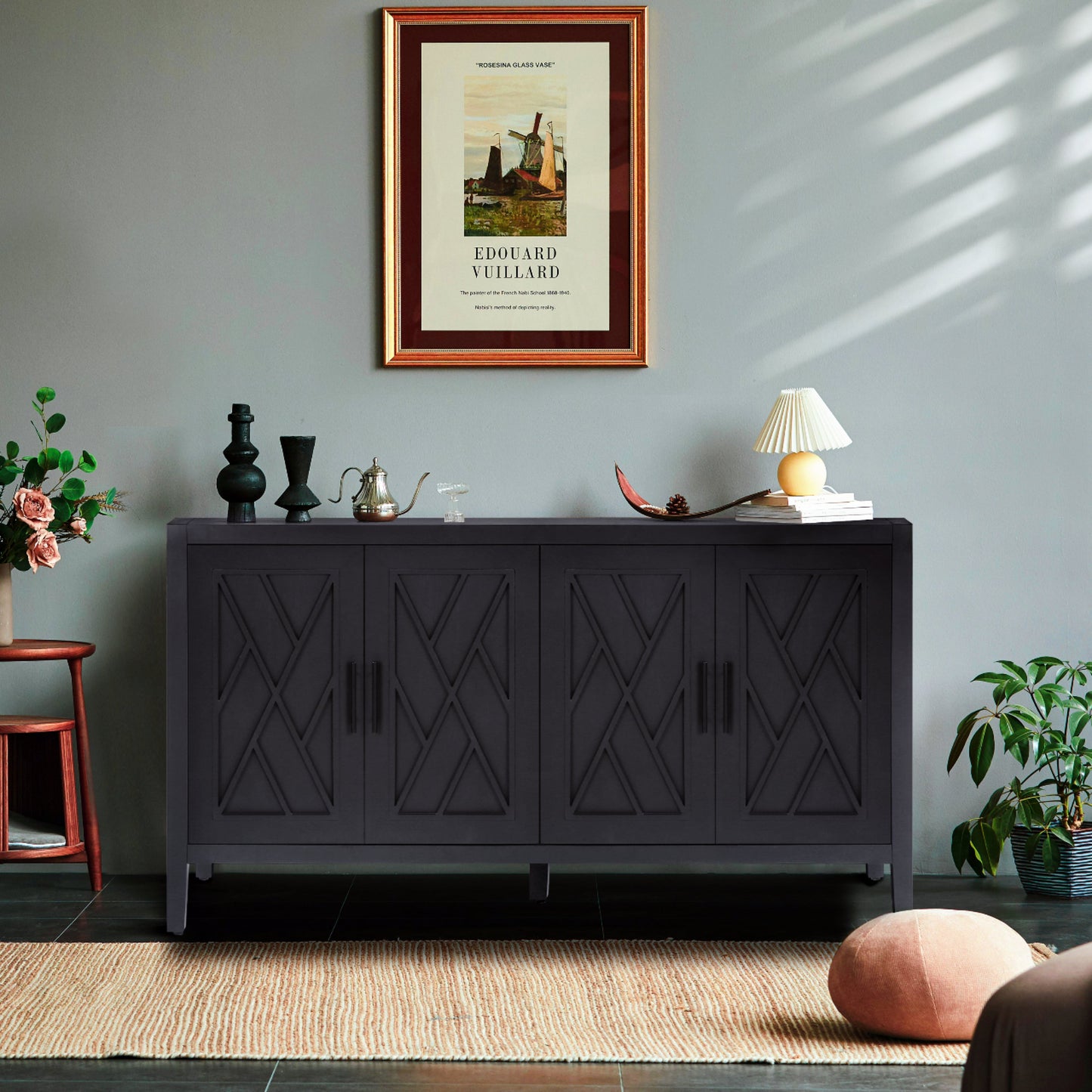 4 Door Wooden Twill Sideboard American Country Vintage Old Living Room Dining Room Hallway Entryway Cabinet (BLACK) V.I.P Digital Presence