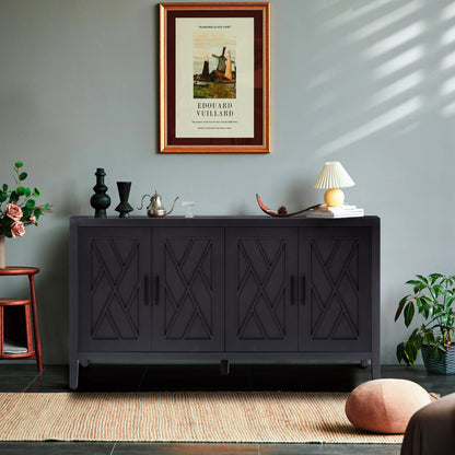 4 Door Wooden Twill Sideboard American Country Vintage Old Living Room Dining Room Hallway Entryway Cabinet (BLACK) V.I.P Digital Presence