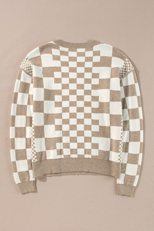 Checker Round Neck Drop Shoulder Sweater Shop Style & More | Fresh Looks, Everyday Deals & Free Shipping