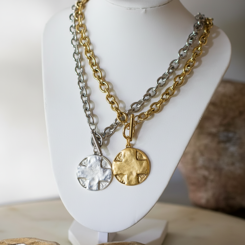 The Lord's Prayer Cross Medallion Toggle Necklace Gold or Silver Deep South Originals