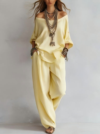 Chiffon Puff-Sleeve Top & Wide-Leg Pants Set – 15 Colors FitiqueFit