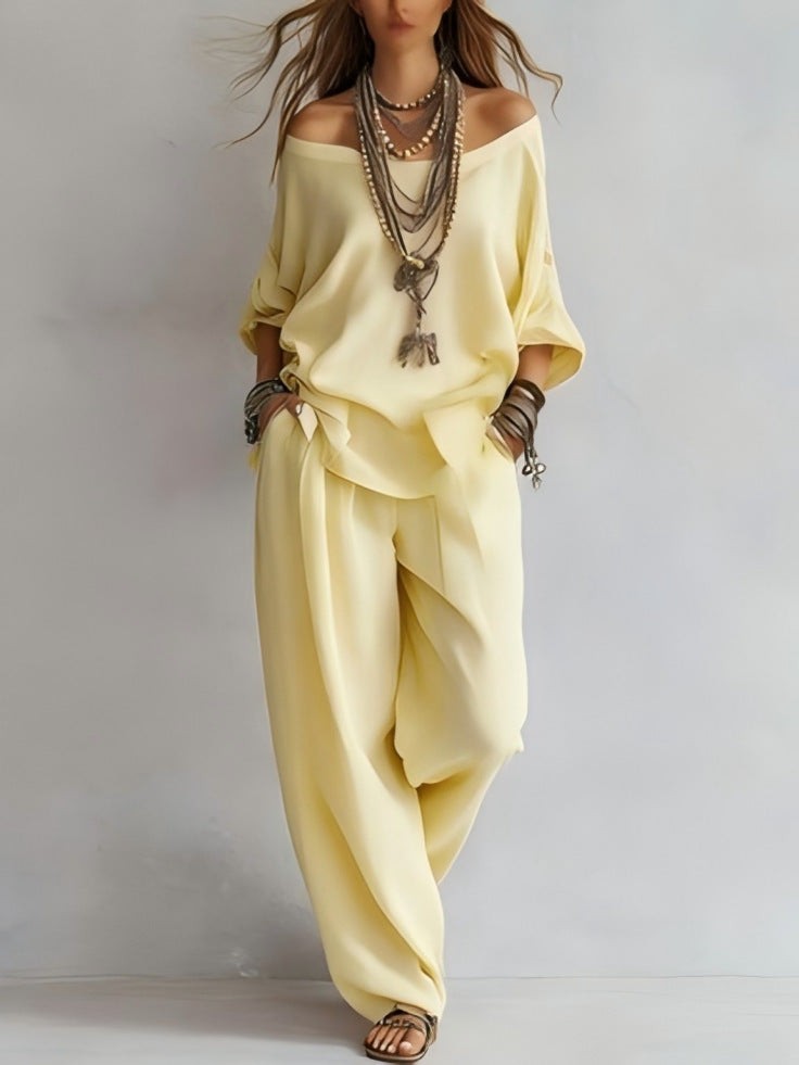Women's Off-Shoulder Top & Wide-Leg Pants Set FitiqueFit