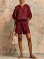 Women's Bubble-Sleeve Top & Drawstring Shorts Set FitiqueFit