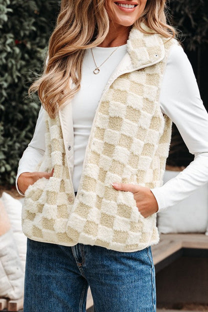 Checker Sherpa Snap Button Vest Jacket With Pocket See size chart under “more details” The Fashion Celestial