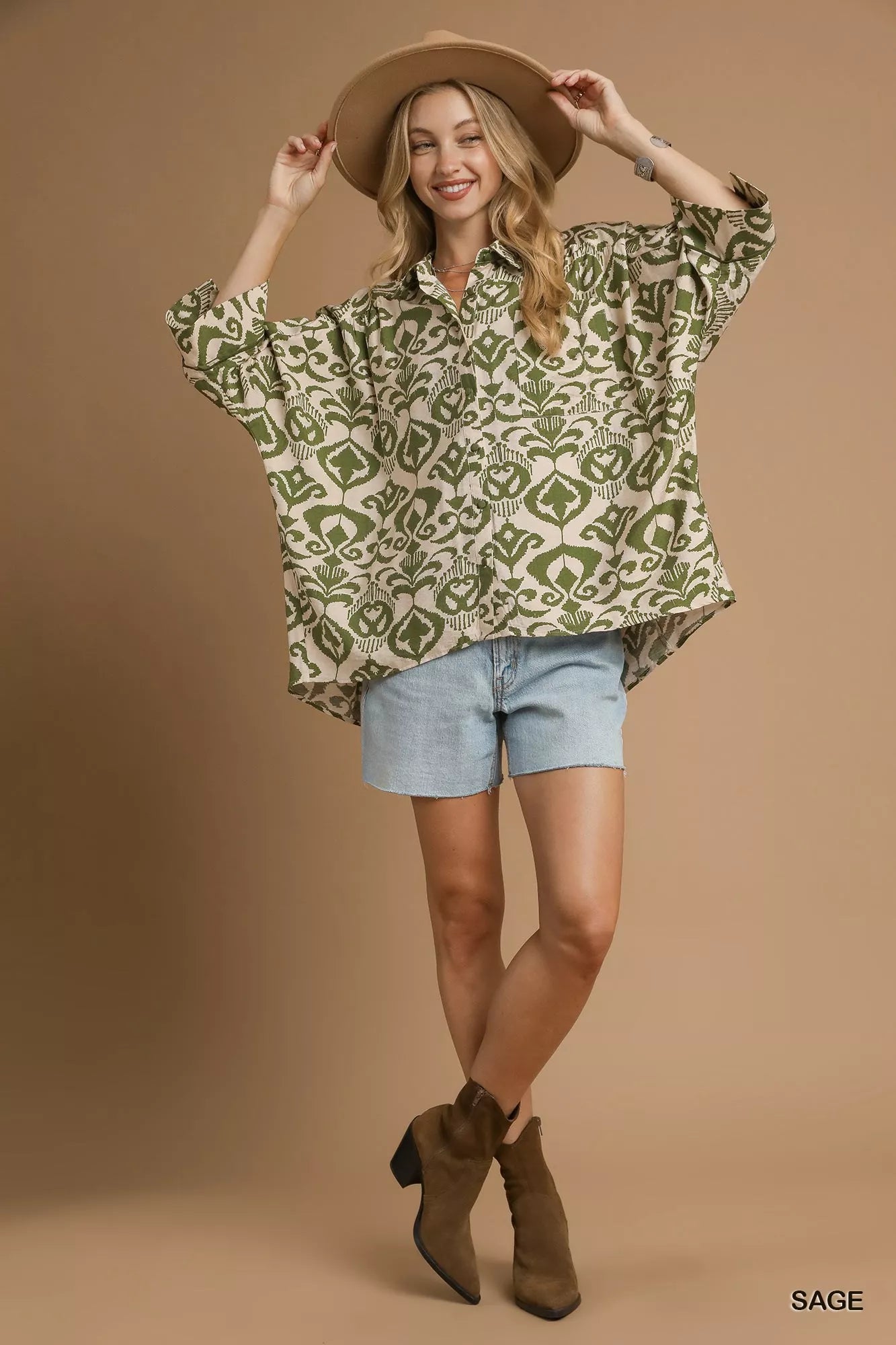 Umgee Abstract Print Button-Up Oversized Shirt FitiqueFit