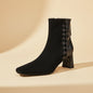 Women's Sheepskin Square Toe Chunky Heel Ankle Boots – Korean Patchwork Style FitiqueFit