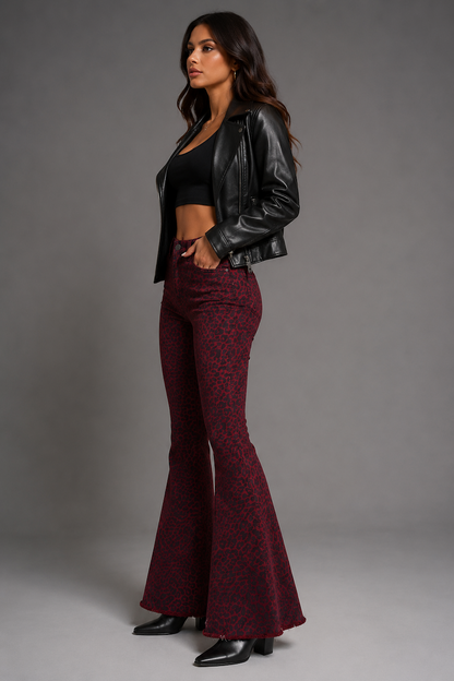 Leopard Print Bell Bottom Pant in Burgundy GJG DENIM