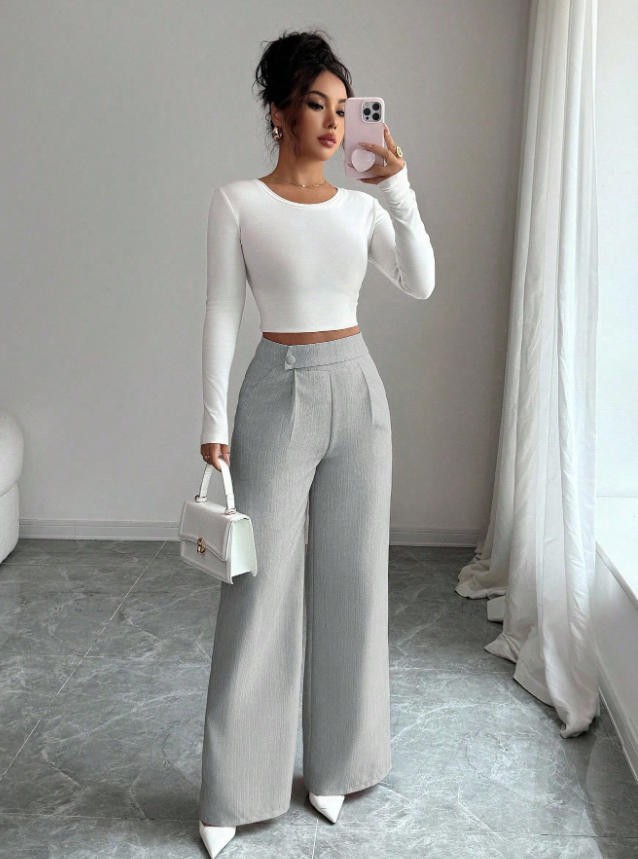 Women's High-Waist Straight-Leg Pants – Solid Color Button Detail Full Length FitiqueFit