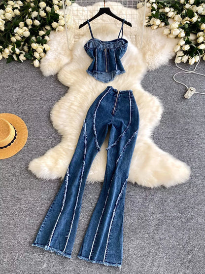 Raw Hem Denim Cami and Flare Jeans Set New Era Fashion LLc