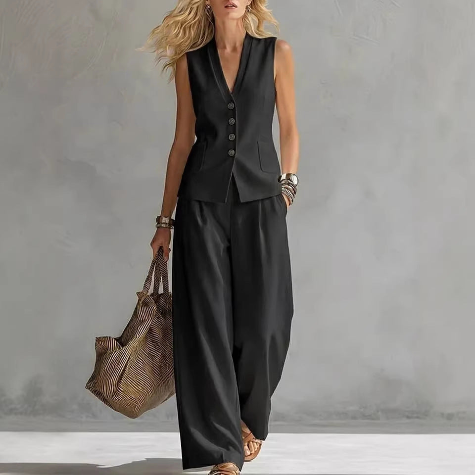 Women's Solid Linen Sleeveless Tank Top & Full-Length Pants Set FitiqueFit
