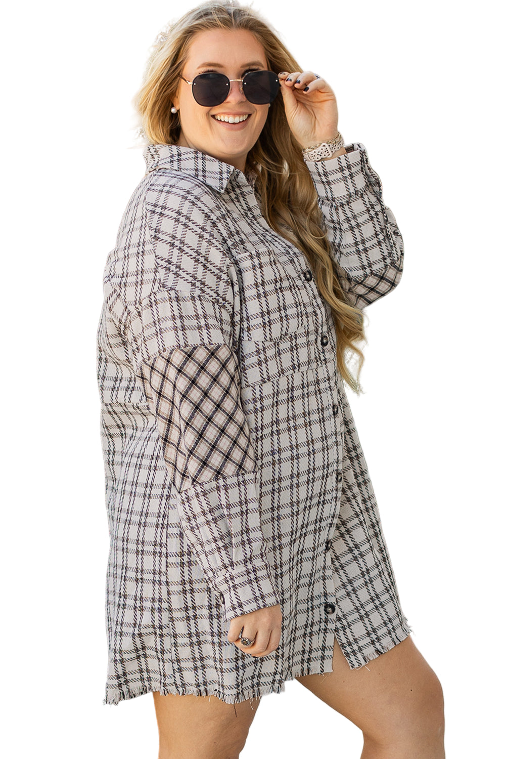 White Stripe Plus Size Plaid Buttoned Raw Hem Tunic Shirt Dress Garden Naked Curves