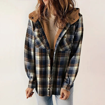 Women's Plaid Button-Up Long Sleeve Jacket Fall Winter  Flap Button Pocket Design Casual Hooded Fleece-Lined Warm Coat See size chart under “more details” The Fashion Celestial