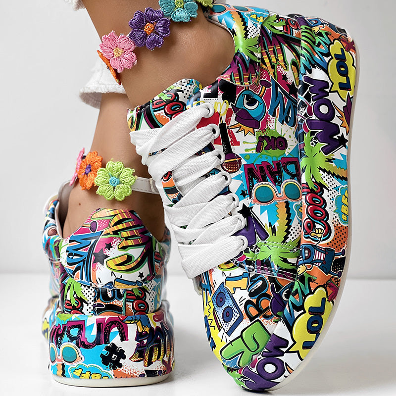Round-Toe Thick-Sole Lace-Up Sneakers — Women’s Casual Print Shoes FitiqueFit