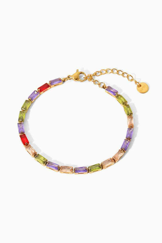 GlamourGem 18K Gold Plated Multicolored Cubic Zirconia Bracelet – Vibrant Elegance for Every Occasion See size chart under “more details” The Fashion Celestial