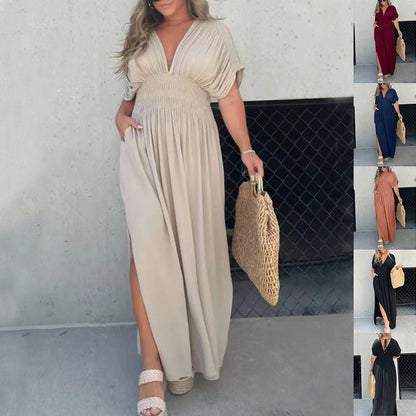 Bat-sleeved V-neck Slit  Elastic Waist Long Dress Grayceful LLC