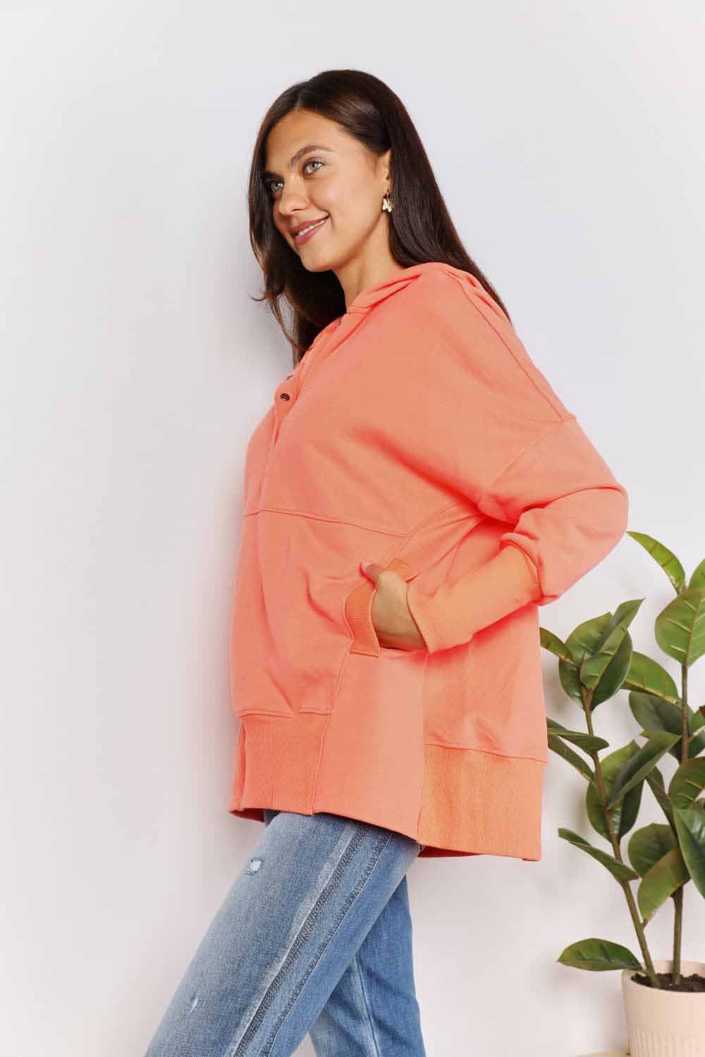 Double Take Quarter-Snap Dropped Shoulder Hoodie West2East Surf