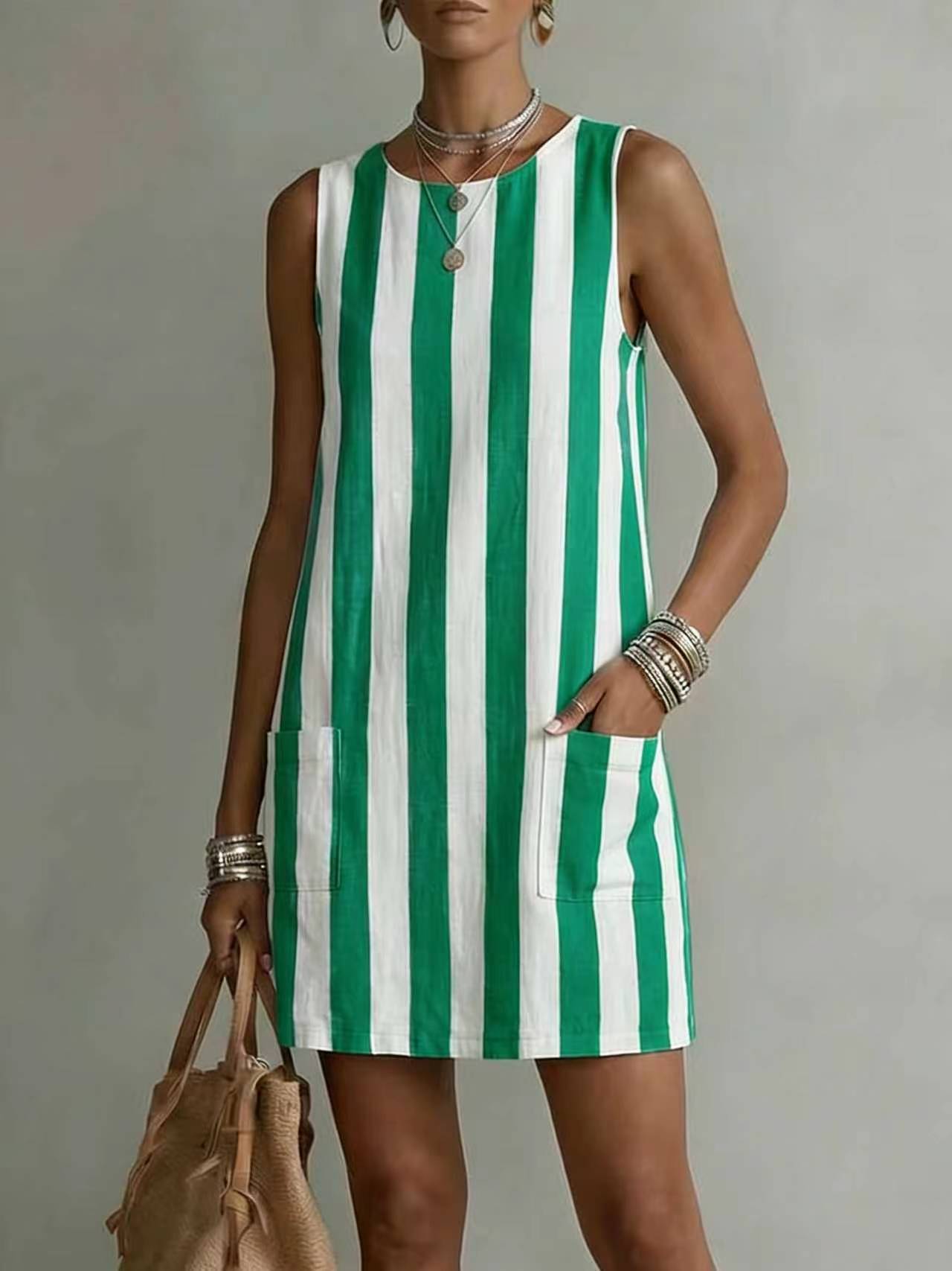 Women's Striped Color-Block Sleeveless Mini Dress – Loose Fit FitiqueFit