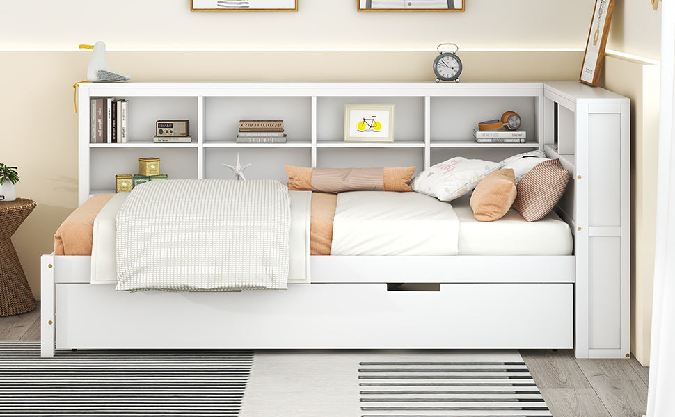 Wooden Twin Size DayBed with Twin Trundle, DayBed with Storage Shelf and USB Charging Ports,White