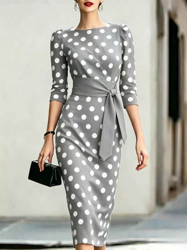 Women's Retro Polka-Dot Bodycon Midi Dress – Belted Cross-Tie FitiqueFit
