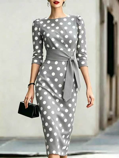 Women's Retro Polka-Dot Bodycon Midi Dress – Belted Cross-Tie FitiqueFit