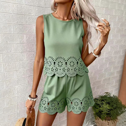 Women's Elegant Hollow-Out Floral Top & Pants Set – 2-Piece FitiqueFit