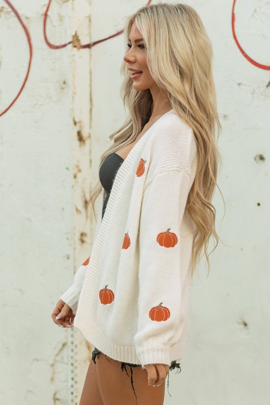 Pumpkin Embroidered Open Front Drop Shoulder Cardi Shop Style & More | Fresh Looks, Everyday Deals & Free Shipping