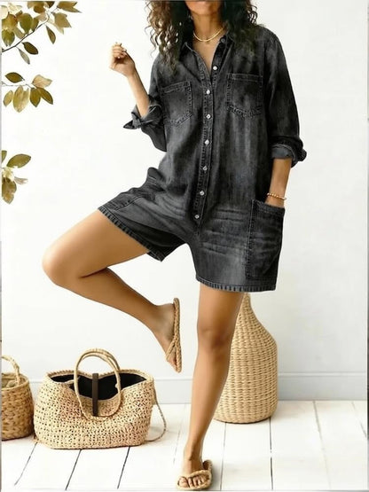Women's Faux Denim Print Jumpsuit Shorts – Loose Fit, 3D Print, Elastic Waist FitiqueFit
