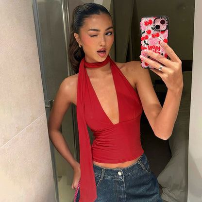 Women's Scarf Lace-Up Low-Cut Back Cutout Sling Top FitiqueFit