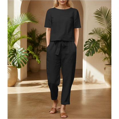Wide-Leg Pants Two-Piece Set – Solid Color Casual Lounge Suit FitiqueFit