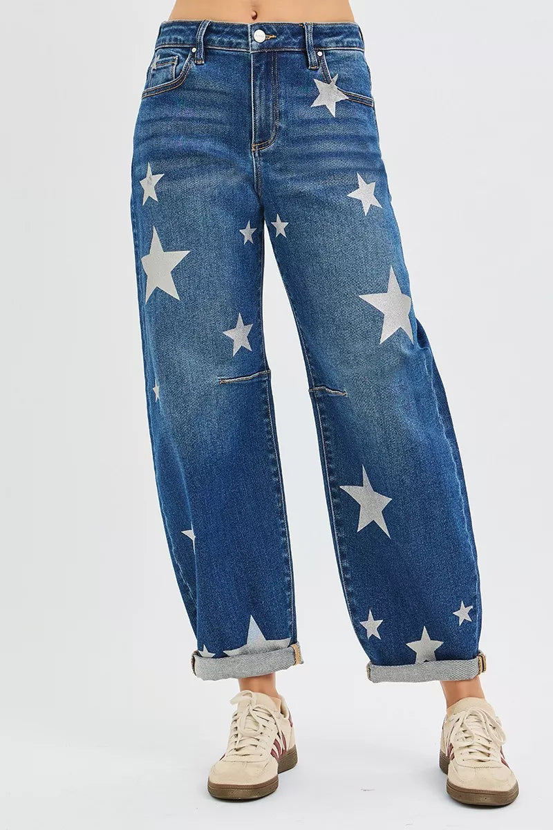 RISEN Mid Rise Ankle Length Relaxed Barrel Star Printed Jeans West2East Surf