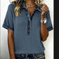 Euro-American Denim-Trimmed Loose T-Shirt for Women FitiqueFit
