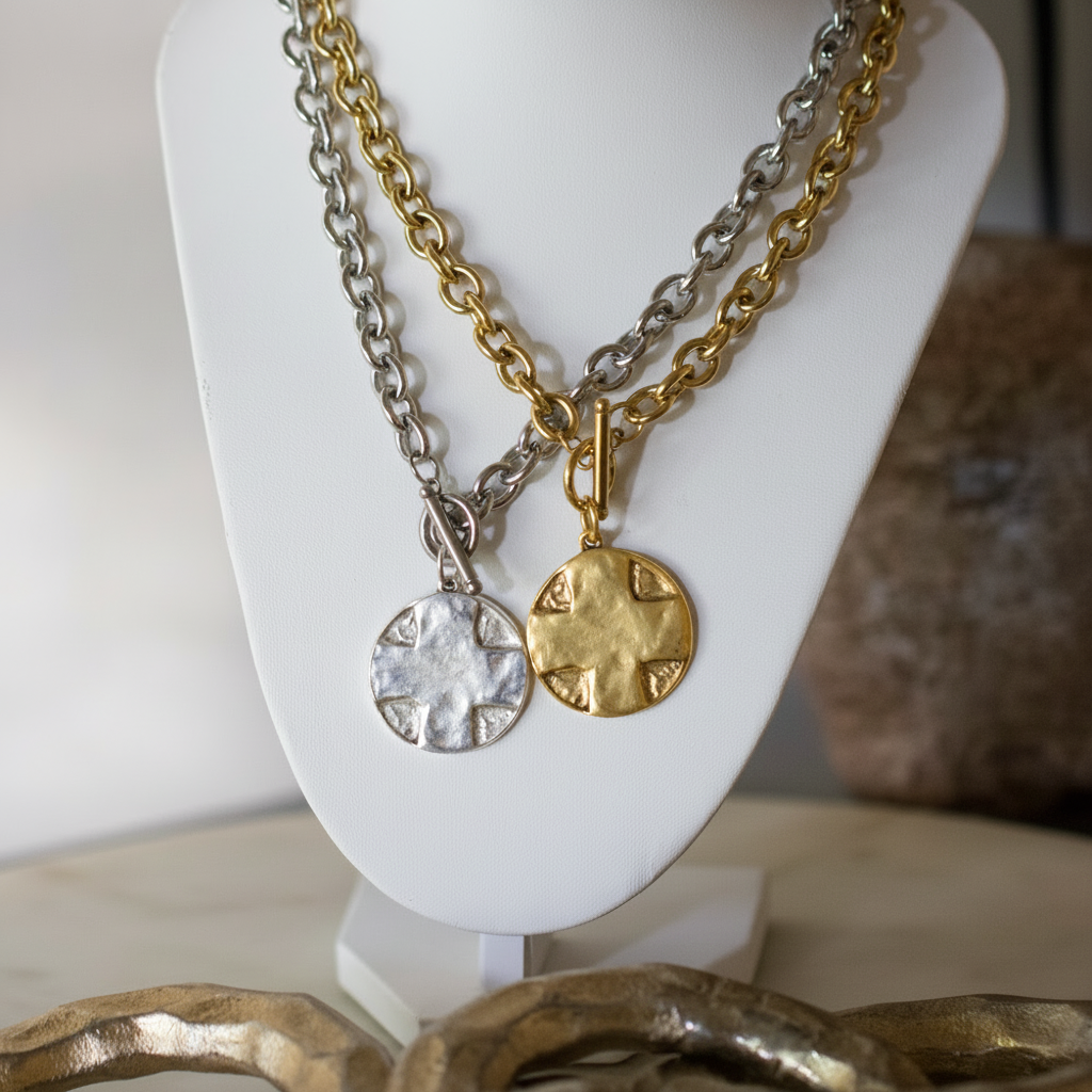 The Lord's Prayer Cross Medallion Toggle Necklace Gold or Silver Deep South Originals